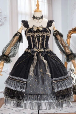 Black Starry Night Square Collar Bowknot Multi-Layer Ruffled Cardigan Gothic Lolita JSK Dress With Detached Sleeves