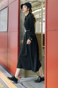 Solid Color Navy Style Vintage Lapel Collar High Waisted Long Sleeves Classic Lolita Dress -LolitaInside 5d942ca29007e3530ec5edf8ab94f6a7