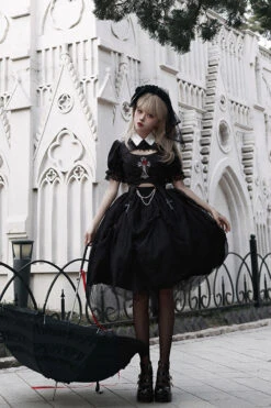 Black Rose Embroidered Cutout Top Irregular Short Sleeves Gothic Lolita Dress Set -LolitaInside 5e408e650aa03890c0852911b9ebcf1d