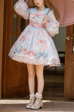 Pink/Blue Doll Collar Long Sleeves Rabbit Candy Paper Print High Waisted Sweet Lolita OP Dress