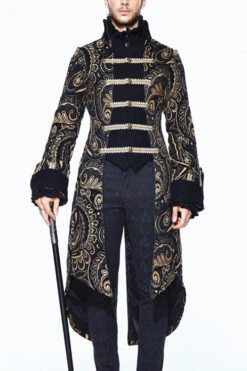 Gothic Jacquard Fake Two Pieces Golden Mens Long Coat