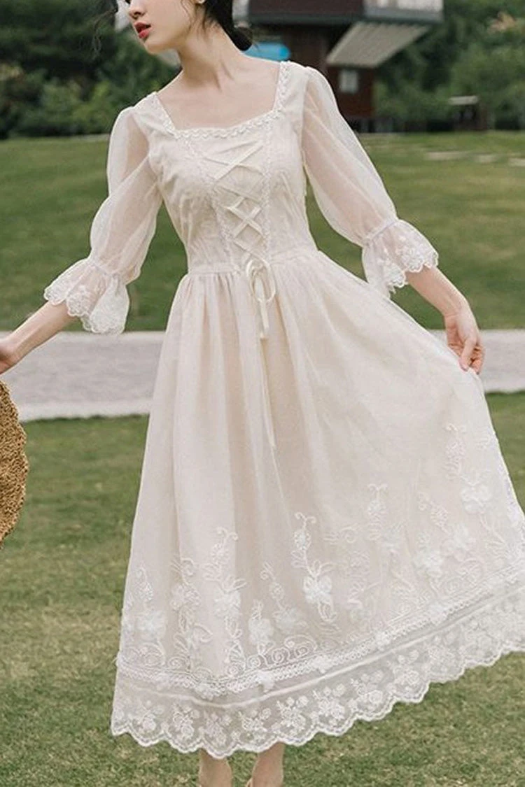 White Lantern Half Sleeves Lace Floral Embroidery Print Sweet Lolita Op Dress 3 White Lantern Half Sleeves Lace Floral Embroidery Print Sweet Lolita Op Dress