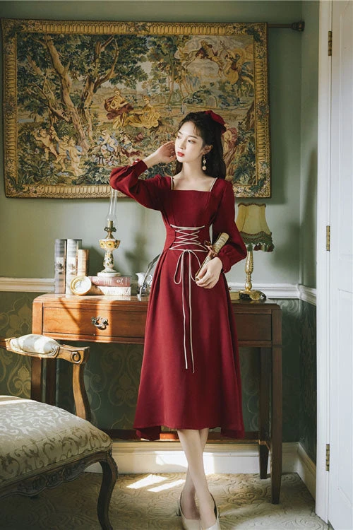 Wine Solid European Manor Square Collar Long Sleeves High Waisted Classic Lolita OP Dress 5 Wine Solid European Manor Square Collar Long Sleeves High Waisted Classic Lolita OP Dress - Image 3