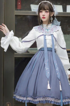 White/Blue Chinese Style Hollow Long Sleeve Classic Lolita Dress Full Set -LolitaInside 5fc1828d6258db05e3425fc821ff6bfe