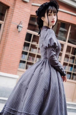 Gray Stripes Print Long Sleeves Classic Lolita Dress -LolitaInside 6000b7b98ca6bbc4fd5e1ce8ab3f630b