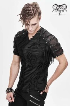 Black Tattered Striped Shoulder Splice Mesh Short Sleeve Men's Punk T-Shirt -LolitaInside 60949a7e28168acb2b815144c59c8a5a
