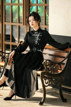 Black Mysterious Long Sleeves Chinese Style Single Breasted High Waisted Print Hanfu Dress -LolitaInside 614e8350fb832da3381cac025cb1a88b