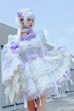 White/Purple Puff Short Sleeves Princess Gothic Lolita Tiered Dress -LolitaInside 614f9bdfd262c34ff7a55dae83eb4c74