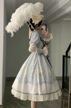 Blue Ruffled Square Collar Floral Print Puff Long Sleeve High Waist Sweet Lolita OP Dress -LolitaInside 619d0568dc7ba276fc09892737492311