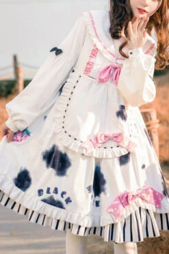 Doll Collar Lantern Long Sleeves Cow Printed Stitching Bowknot Ruffled Sweet Lolita Op Dress