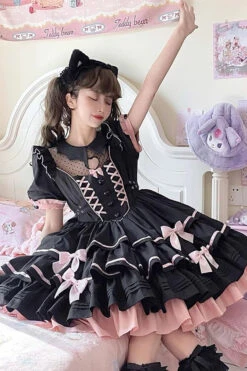 Black/Pink Short Sleeves Multi-layer Ruffle Bowknot Sweet Lolita Dress -LolitaInside 62a1980bebd4fcd323491129ba32abe5