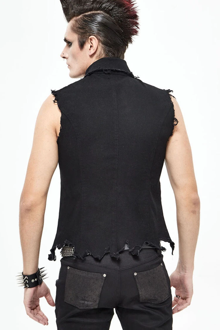 Black Worn Out Twill Mesh Decoration Rough Selvedge Hem Heavy Metal Men's Punk Waistcoat 7 Black Worn Out Twill Mesh Decoration Rough Selvedge Hem Heavy Metal Men's Punk Waistcoat - Image 5