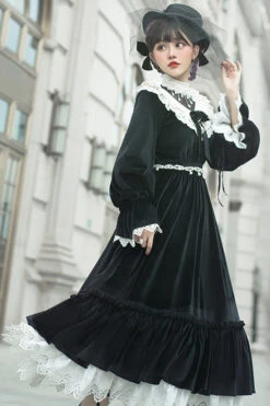 Black Silk Velvet Doll Collar Elegant Long Classic Lolita OP Dress -LolitaInside 630059a2a7b8e2f34a1ff953b4600220