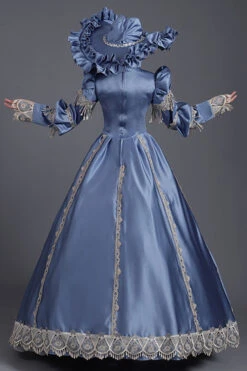 Blue High Collar Long Sleeves High Waisted Hollow Embroidery Floral Print Ruffled Victorian Lolita Prom Dress -LolitaInside 636e671b798ff674672c24c20eff165f