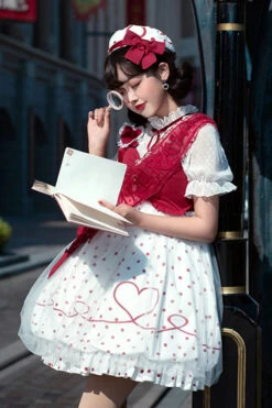 Red Hollow Love Polka Dot Print Sakurahime Sweet Lolita Dress -LolitaInside 63b36a848b4317a452efd6d71bfe1763