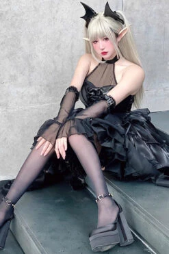 Pure Black Little Devil Sexy Princess Slim Gothic Lolita Strapless Tiered Dress -LolitaInside 63d3a7ebf513a43ff6f54441b20072be