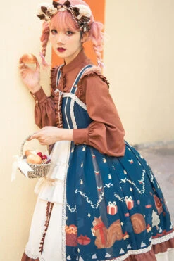 Blue/Brown Christmas Bread Squirrel Gift Print Cardigan Bowknot Multi-Layer Ruffled Sweet Lolita JSK Dress -LolitaInside 648020d4fc3b421952767d35cfaece33