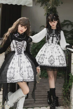 Black/White Long Sleeves Lace Ruffle Butterfly Magic Print Gothic Lolita OP Dress -LolitaInside 65159c8a0c0039d0b8cc723727175c70