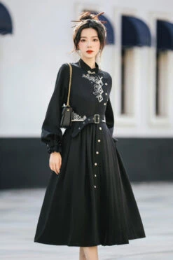 Black Mysterious Long Sleeves Chinese Style Single Breasted High Waisted Print Hanfu Dress -LolitaInside 654cb3617b1f64427b5daaf8a74d26ac