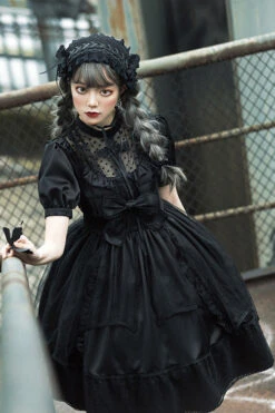 Black Elegant Round Collar Bowknot Short Sleeves High Waisted Gothic Lolita OP Dress -LolitaInside 6563354b0b4d41ebddc67e87bb981d49