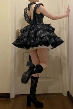 Black Multi-layer Ruffle Ballet Bowknot Print Gothic Lolita Jsk Dress -LolitaInside 6601066d4de4ffe9e89f19f425065112