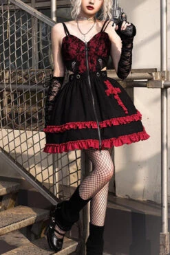 Black/Red Elemental Judgment Day Red Cross Ruffle Gothic Lolita Jsk Dress
