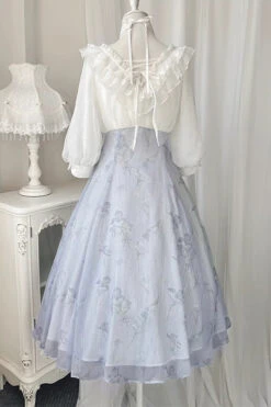 White/Blue Lace V Collar Half Sleeves High Waisted Sweet Lolita OP Dress -LolitaInside 66730dc335aae1efdf76f1a2f8066526
