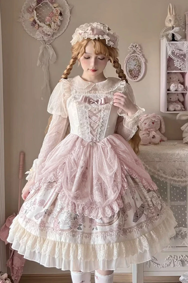 Apricot Sleeveless Rose Prologue Print Ruffle Bowknot Sweet Elegant Princess Lolita Jsk Dress 3 Apricot Sleeveless Rose Prologue Print Ruffle Bowknot Sweet Elegant Princess Lolita Jsk Dress