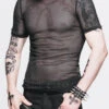 Black Diamond Shaped Mesh Round Neck Short Sleeves Punk Mens Tops T-Shirt