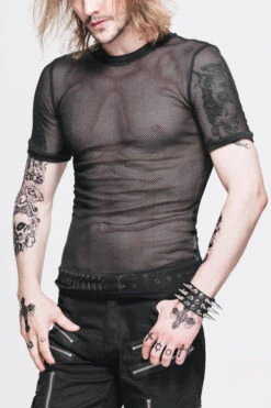 Black Diamond Shaped Mesh Round Neck Short Sleeves Punk Mens Tops T-Shirt