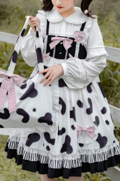 Black/White High Waist Ruffled Milk Pudding Printed Sweet Lolita Jsk Dress