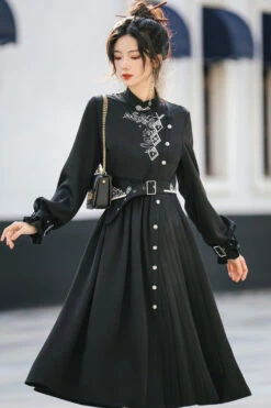 Black Mysterious Long Sleeves Chinese Style Single Breasted High Waisted Print Hanfu Dress -LolitaInside 68327d1bab23d2b7b59d5ecd5d0de402