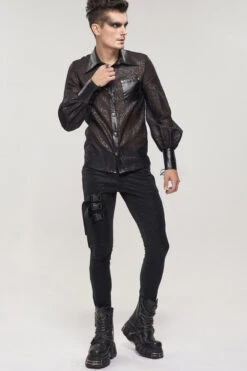 Black Punk Vertical Pattern Printing Cuff Drawstring Decoration See-Through Men's Shirt -LolitaInside 6843bd04621cde20dbf88835d15ceb3a