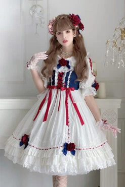Blue/White Round Collar Bowknot Short Sleeves Multi-Layer Ruffled Sweet Lolita OP Tiered Dress -LolitaInside 6896d04b461e0bb95399e39fb038ce5d
