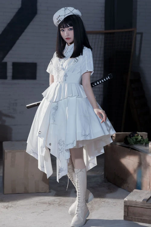 White Short Sleeves Irregular Hem New Gothic Lolita Dress 4 White Short Sleeves Irregular Hem New Gothic Lolita Dress - Image 2
