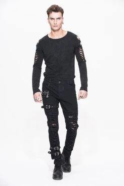 Black Metallic Punk Broken Holes With Loops Mens Pants -LolitaInside 68fb7f9edf27be8abdbaf2a81462b2e4
