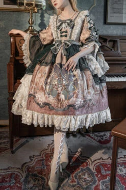 Multi-Color Retro Hime Sleeves Sacred Deer Print Classic Lolita OP Dress