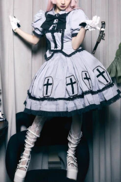 Grey Halloween Cross Short Puff Sleeves Two Pieces Gothic Lolita Dress