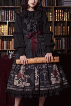 Black Nightingale Rose Print Bowknot Ruffled Strapless Gothic Lolita JSK Dress