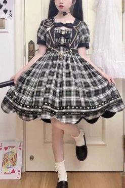 Green Plaid Print Dessert Crowned Bowknot High Waisted Short Sleeves Sweet Lolita OP Dress