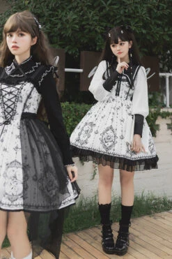 Black/White Long Sleeves Lace Ruffle Butterfly Magic Print Gothic Lolita OP Dress -LolitaInside 6a6967b06ba6da906c8f9da91fb2992a