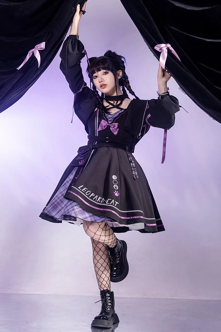 Black/Purple Cat Paw Print Bowknot Gothic Lolita Jsk Dress Set 6 Black/Purple Cat Paw Print Bowknot Gothic Lolita Jsk Dress Set - Image 4