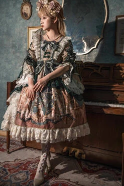 Green Gorgeous Short Sleeves Ruffle Bowknot Print Classic Lolita Dress -LolitaInside 6a7bb46f30629229b2e654433457de4b