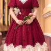 Wine Elegant Vintage Square Collar Short Sleeves Multi-Layer Ruffled Classic Lolita OP Dress