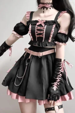 Black/Pink Tie Bow Gothic Sweet Lolita Strapless Skirt Dress 2 Pieces Set -LolitaInside 6b215052680cabd2e68db80493bebd7a