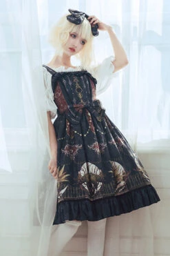 Dark Bule Bowknot Altar Of The Month Print Ruffled Classic Lolita Suspender Dress -LolitaInside 6b7e860c8b6b657b7590b81a0a823c77