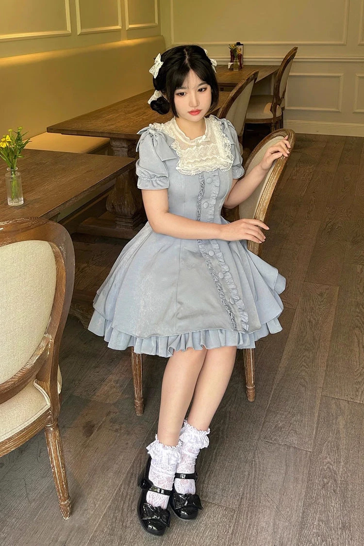 Light Blue Annie's Gift Short Sleeves Bowknot Short Version Sweet Lolita Dress (Plus Size Support) 9 Light Blue Annie's Gift Short Sleeves Bowknot Short Version Sweet Lolita Dress (Plus Size Support) - Image 7