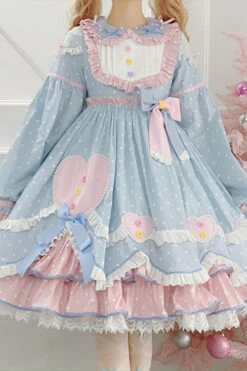 Blue Pop Sugar Bowknot Long Sleeves Love Pocket Decoration Multi-Layer Ruffled Sweet Lolita OP Tiered Dress -LolitaInside 6ccb05510cfc7fd7ee0e7634591214c2