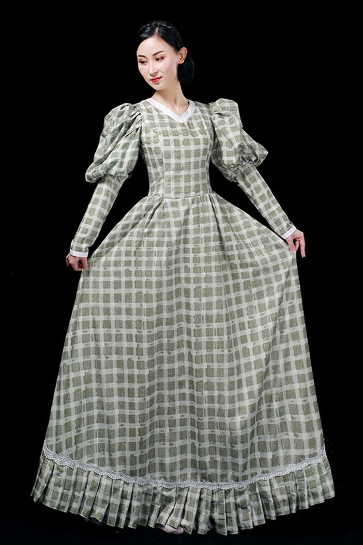 Dark Green Long Sleeves Plaid Print High Waisted Ruffled Victorian Lolita Prom Dress 4 Dark Green Long Sleeves Plaid Print High Waisted Ruffled Victorian Lolita Prom Dress - Image 2
