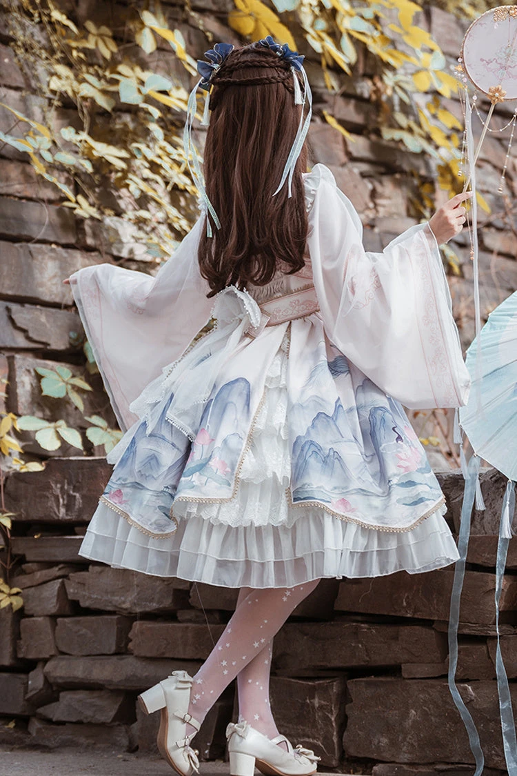 Chinese Style Long Sleeves Landscape Painting Print Bowknot Sweet Elegant Lolita Dress 2 Colors 5 Chinese Style Long Sleeves Landscape Painting Print Bowknot Sweet Elegant Lolita Dress 2 Colors - Image 3